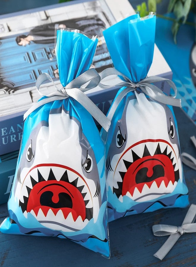 Whaline 100Pcs Shark Treat Bags Summer Ocean Sea Candy Cellophane Bag 6 x 9 Inch Blue Shark Plastic Goody Bags with Grey Ribbon for Birthday Shark Party Favor Supplies Gift Summer Decoration - Image 5